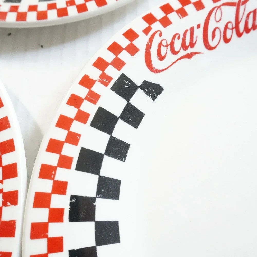 VTG Coca-Cola Gibson Dinner Plates Set 4 Checkerboard Border Collectible Dishes‎